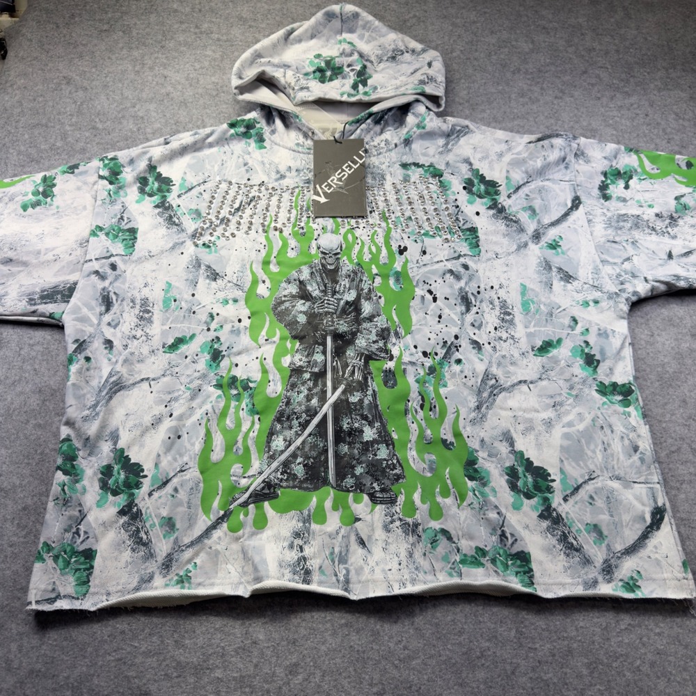 Verselli Hoodie Mens XL White Green Samurai Skeleton Rhinestone New Streetwear
